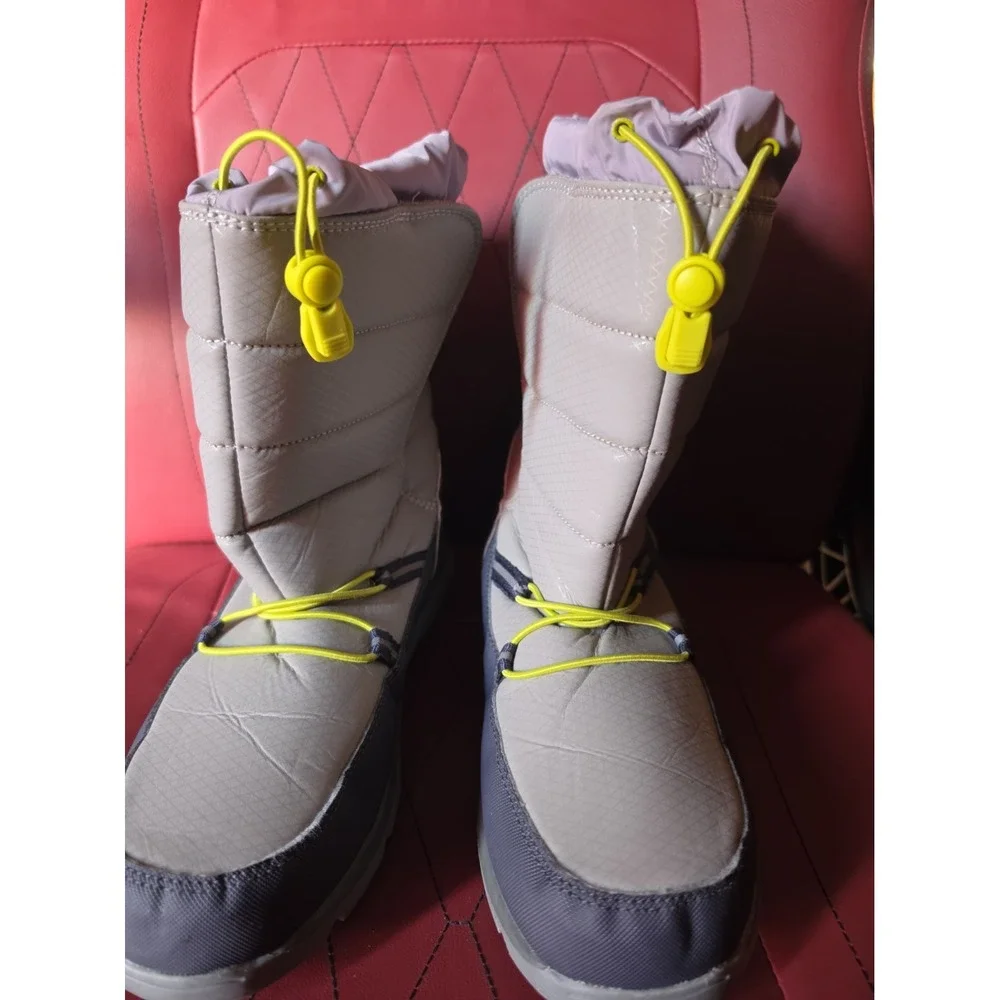 Lands End Grey Quilted Winter Snow Boots Neon Yellow Accents Size 7 M